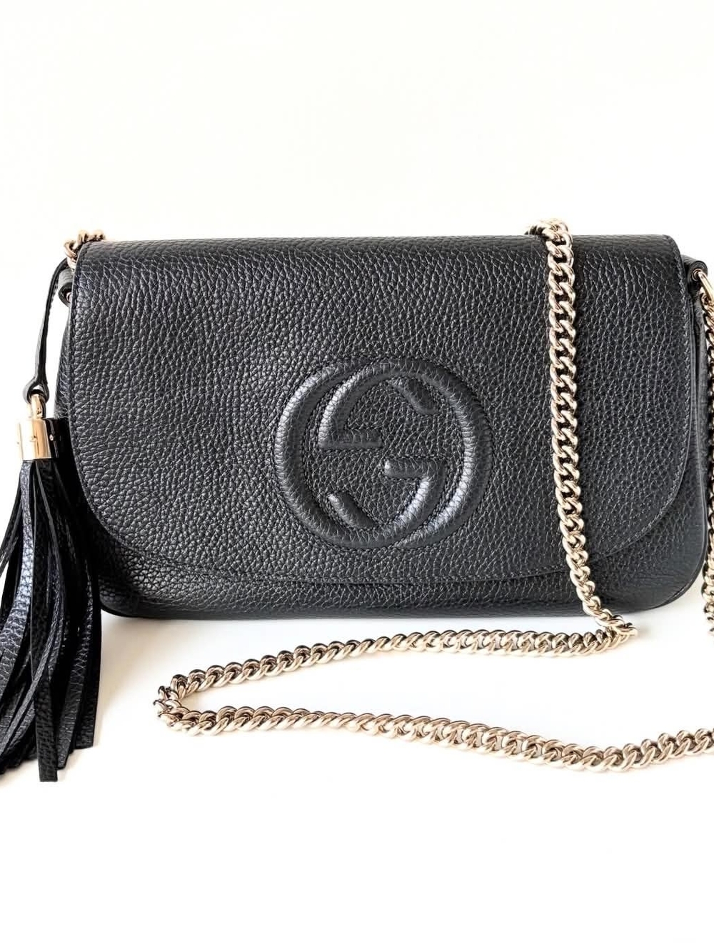 Gucci Black Pebbled Leather Crossbody Bag with Tassel and Gold Chain